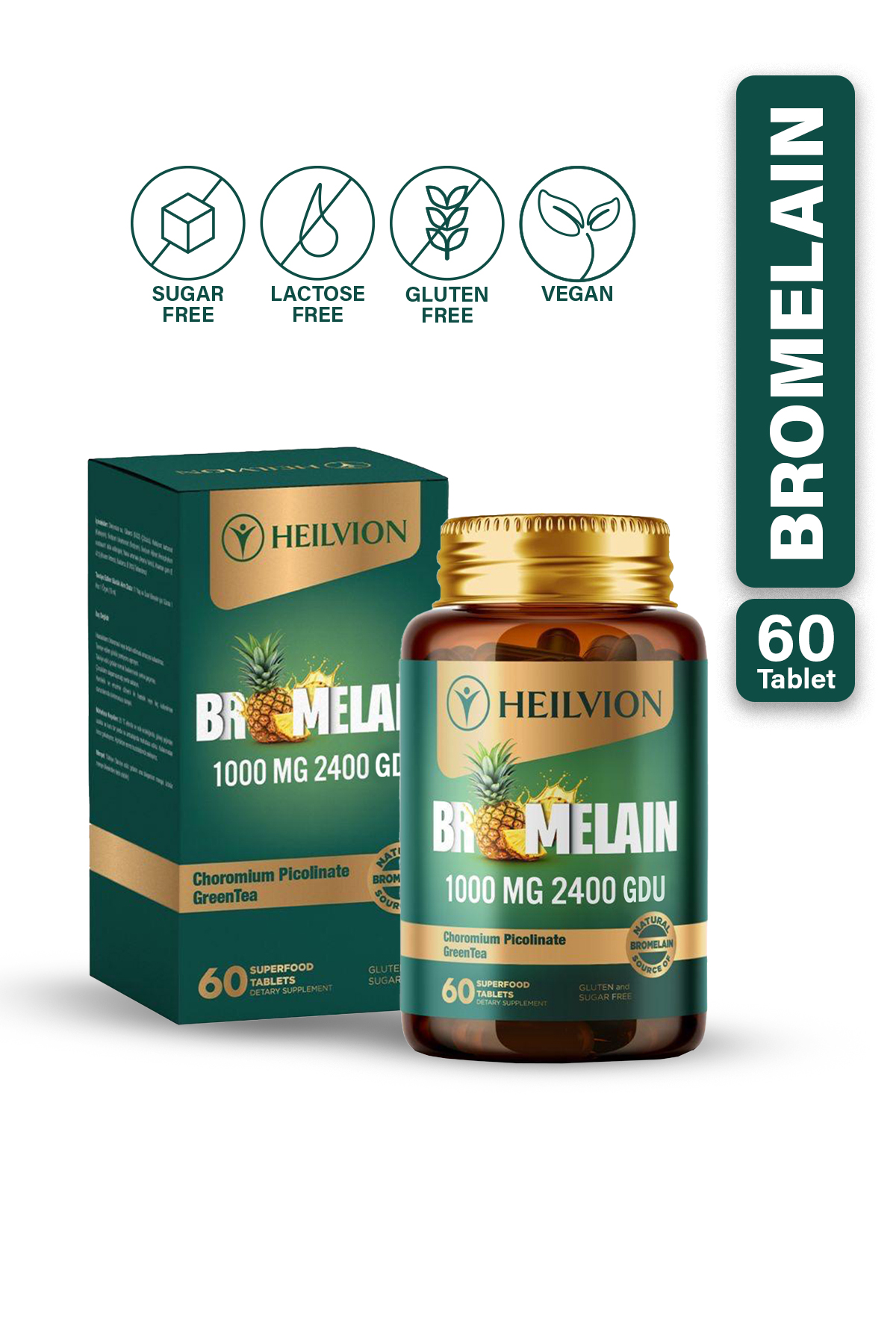 HEILVION Bromelain 1000 MG 2400 GDU (Bromelain, Yeşil Çay, Krom) İçeren Takviye Edici Gıda 60 Tablet