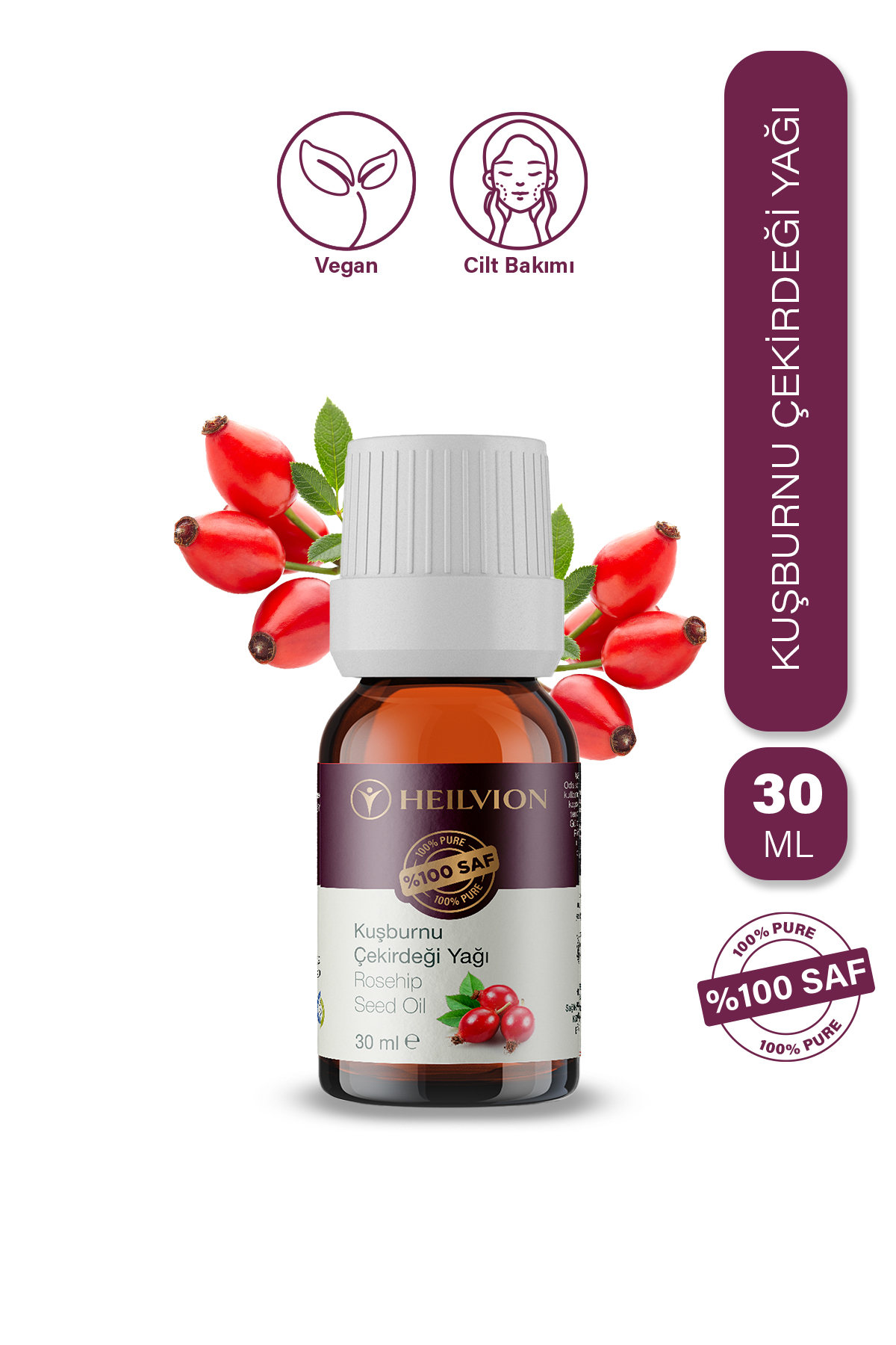 HEILVION Kuşburnu Çekirdeği Yağı %100 Saf ve Doğal Soğuk Sıkım Leke Karşıtı ve Aydınlatıcı 30 ML