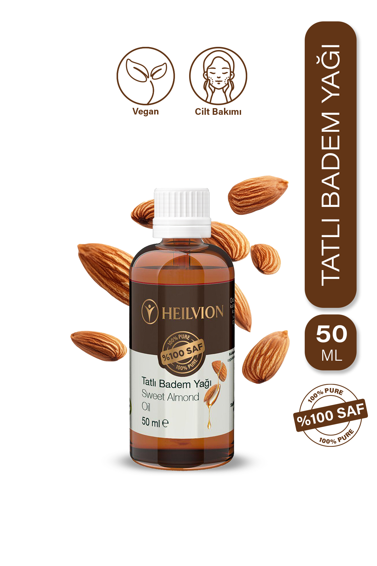HEILVION Tatlı Badem Yağı %100 Saf ve Doğal Soğuk Sıkım Kaş & Kirpik Bakımı,E Vitamini Saç Dökülmesi Önleyici